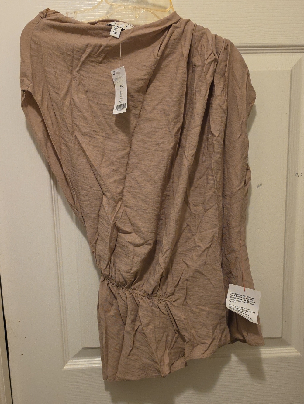 Topshop Beige One-Shoulder Ruched Blouse